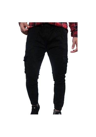 Erkek Jogger Beli Ve Paçası Lastikli Keten Siyah Kargo Pantolon Siyah
