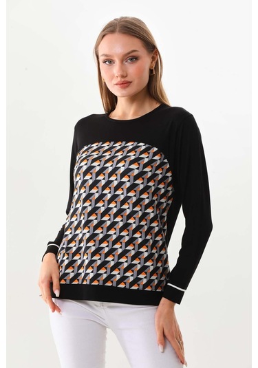 Sistas Kadın Desenli Uzun Kol Bluz 23618 Siyah
