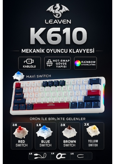 K610 Kablolu Lacivert - Beyaz Mekanik Oyuncu Klavyesi-61 Tuş Rgb-hot Swap - Mavi Switch