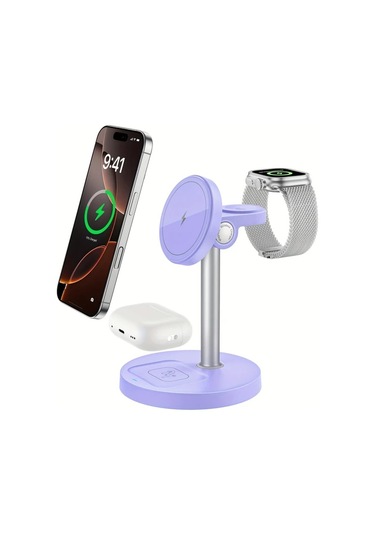 Honeybeeshop Mor 3lü 1 Arada Manyetik Kablosuz Şarj Standı Isı Dağılımı İphone İOs Watch Uyumlu Airpods