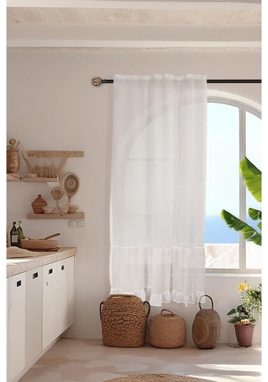 Fırfırlı Keten Tül Perde Tek Kanat Vintage Ekru
