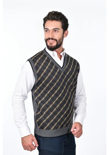 Kamalı Gri Erkek Çelik Örgü Ekose Desenli Kalın Triko V Yaka Triko Örgü Tüylenmez Süveter Regular Gri