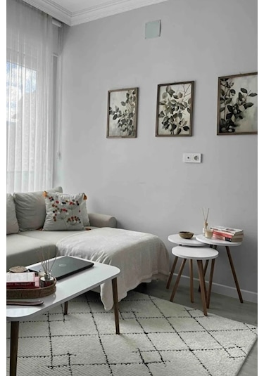 3'lü Zigon Sehpa Seti Saksılık Ve Çiçeklik Standı, Dekoratif Yan Sehpa Ahşap Ayaklı 33 Cm Çap - Beyaz Beyaz