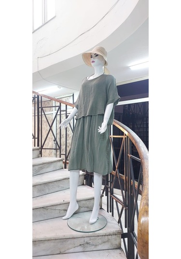 İtalyan Müslin Keteni Üstü File Bluzlu Astarlı Tek Parça Elbise Haki