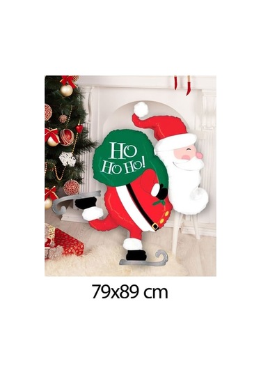 Yılbaşı Buz Pateni Yapan Noel Baba Hediye Çuvallı Folyo Balon 79x89 Cm Çok Renkli