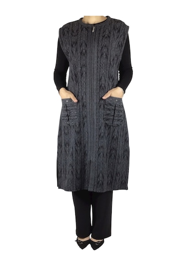 Önü Fermuarlı Desenli Cepli Kalın Kışlık Yelek Siyah