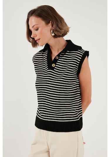 Lela Çizgili V Yaka Triko Bayan Süveter 4616171 Siyah-Krem