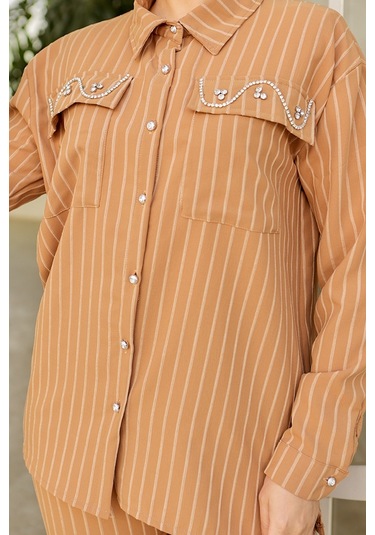 Taşlı Keten Tunik Pantolon İkili Takım 834 - Vizon Vizon