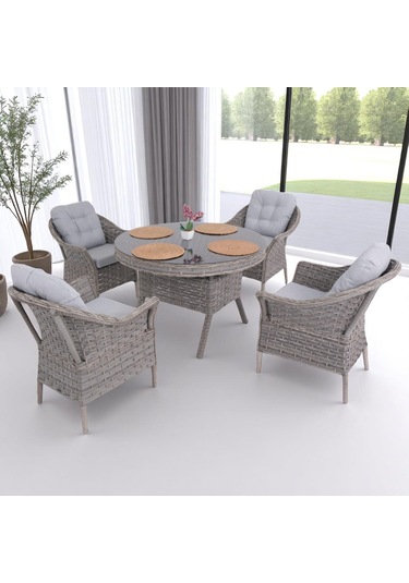 Spark Nova 110 Cm Rattan Yuvarlak Minderli Bahçe Masa Takımı Gri