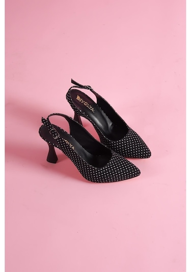 Rozalinda Siyah Puantiyeli Önü Sivri Günlük Kullanım Topuklu Ayakkabı Siyah