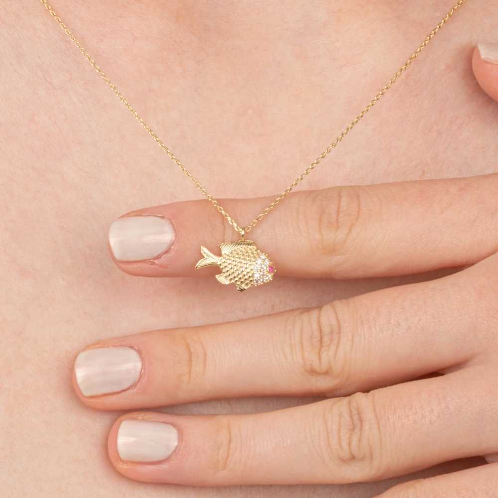 Gümüş Kolye - Taşlı Balık 925 Ayar Gümüş Kolye Sarı