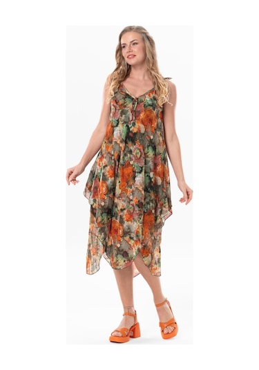Kadın Askılı Vual Afrodit Midi Boy Yazlık Elbise Batik Turuncu 6205