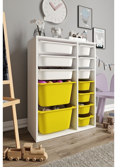 %100 Mdf - Medium Duo 12 Sepetli Oyuncak Dolabı Sarı