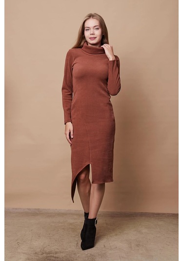 Kadın Likralı Triko Kumaş Tam Balıkçı Asimetrik Uzun Kol Diz Boy Elbise-fındık Kabuğu Fındık Kabuğu