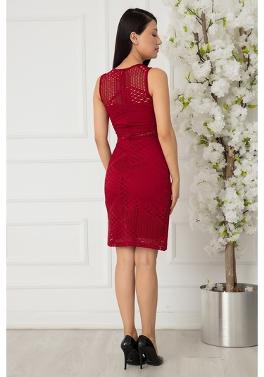 Kalopya Dantel Göbek Detay Kısa Elbise 13276 Bordo