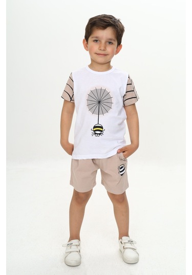 Toontoy Erkek Çocuk Örümcek Detay Baskılı Şortlu Takım Bej