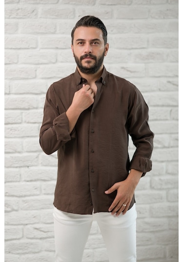 Regular Fit Yaka Düğmeli Yazlık Modal Kumaş Erkek Gömlek Kahverengi