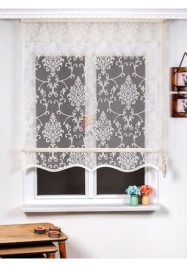 Çiçek Desenli Tül Zebra Perde Eteği Dilimli 28n32 Alüminmyumkasa Ekru