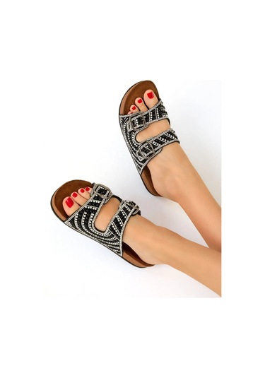 Yazlık Kadın Ortopedik Taşlı Havuz Günlük Çift Tokalı Terlik Siyah