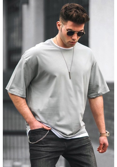 Madmext Oversize Gri Erkek Tişört 4978