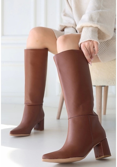 Roksa Taba Cilt Topuklu Çizme Taba