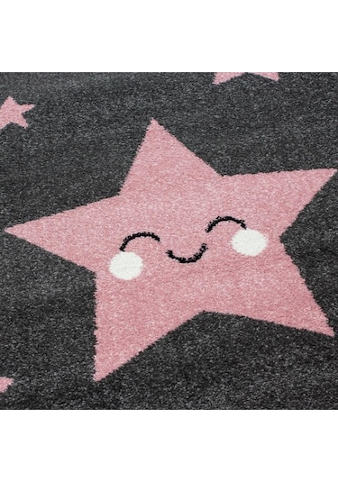 Sevimli Yıldız Star Desenli Çocuk Halısı Gri Pembe Gri - Pembe