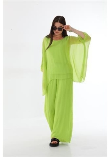 İtalyan Yarasa Kollu İpek Bluz Fıstık Yeşili