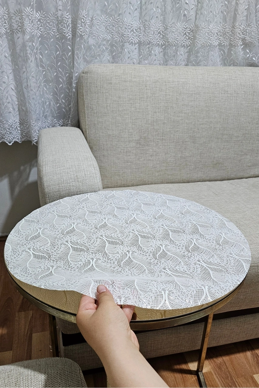 Rona Home Yuvarlak Orta Sehpa Masa Örtüsü Hasır Lüks Pvc Silinebilir, Çiçek Desenli, Şeffaf Bej Krem