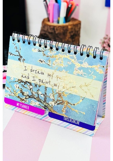 Van Gogh Badem Çiçeği Tasarımlı Yeni Nesil Masa Üstü Planner 2 Sayfa Sticker Çok Renkli