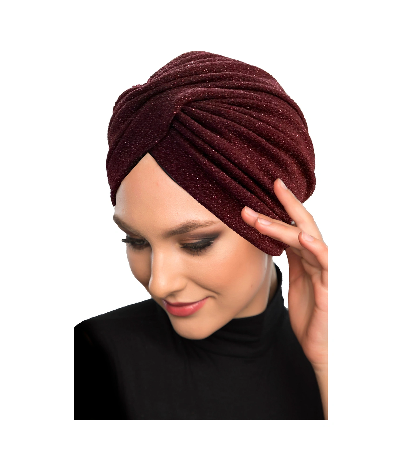 Çapraz Fukuro Simli Astarlı Bordo Hazır Türban Tesettür Abiye Bone Bordo