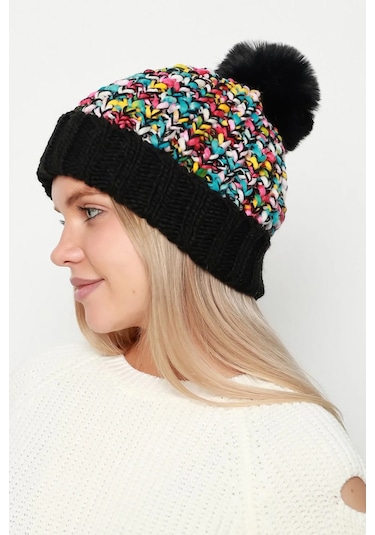 Ponpon Detay Renkli Örme Kadın Bere Rkş-21 Siyah Siyah