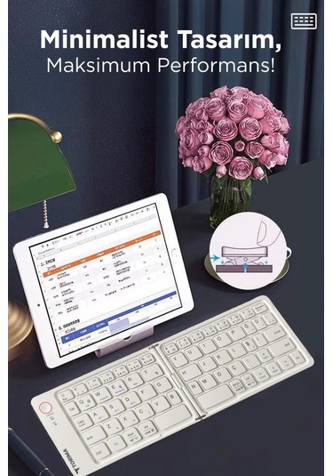 Torima TK-08 Beyaz Kablosuz Katlanabilir Şarjlı Taşınabilir Mini Bluetooth Klavye