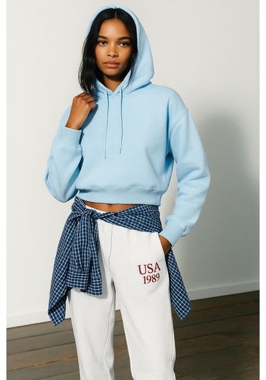 Üç İplik Kapüşonlu Crop Sweat Bebe Mavisi