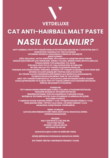 Vetdeluxe Anti Hairball Adult Malte Paste Tüy Yumağı Önleyici Macun 100 G