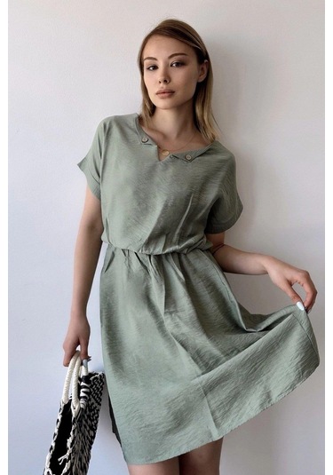 Kadın Haki Kısa Kol, Kalp Yaka, Dokulu Desen, Bele Oturan, Aerobin Lastikli Bel Midi Elbise Haki