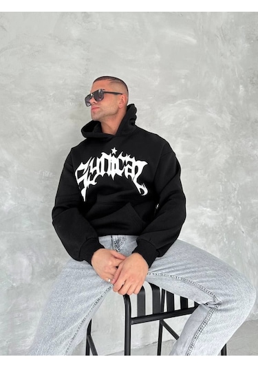 Efnaz Style Unisex Üç İplik Kapşonlu Baskılı Sweatshirt - Siyah