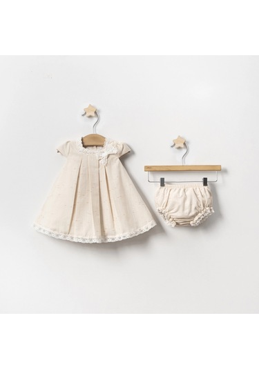 Yazlık Yakası Fistolu Külotlu Bebe Kız Elbise Bej