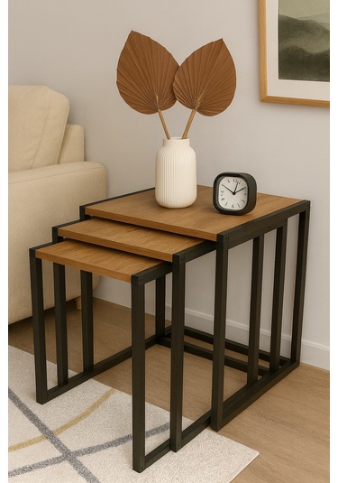 Clevernest 3lü Zigon Sehpa Ahsap Ve Metal - Çam Rengi Çam