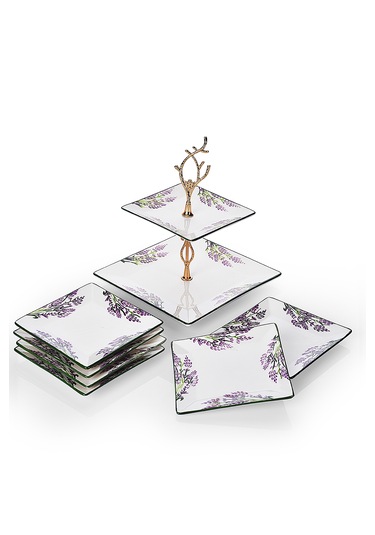 Piatti Naturali İkram Seti Lavanta Çift Katlı Sunum Tabağı & 6 Lı Tatlı Tabağı