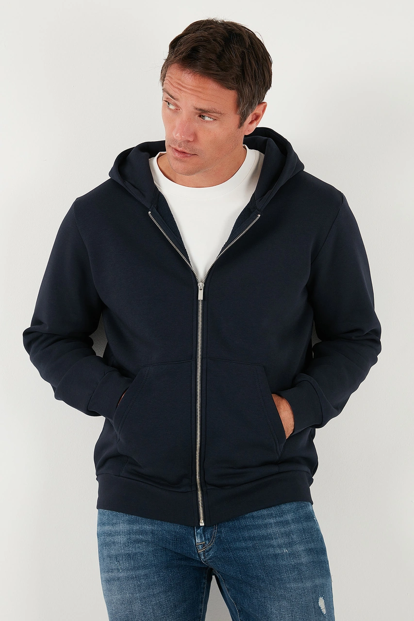 Buratti Regular Fit Kapüşonlu Fermuarlı Içi Tüylü Yumuşak Şardonlu Kışlık Erkek Sweat 5905340 Koyu Lacivert