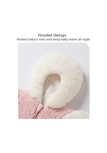 Moveevo A711 Bebek Sonbahar Ve Kış Kalın Kuzu Derisi Bacak Uyku Tulumu Çift Fermuarlı Tasarım Kapşonlu Pembe Pembe