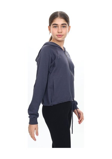 Toontoy Kız Çocuk Komple Kalp Baskılı Kapüşonlu Hırka Füme