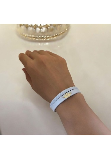 Archin S Harfine Özel Hakiki Beyaz Derili Taç Motifli 14 Ayar Altın Plakalı Hediye Bileklik-645harf S