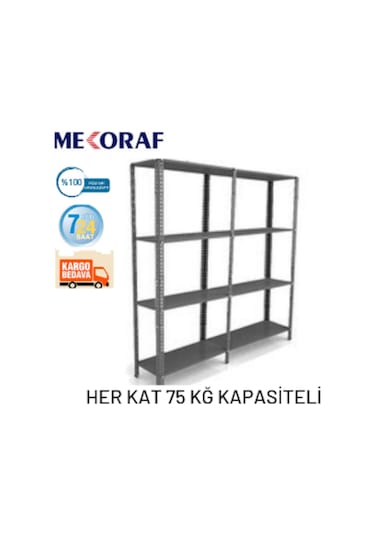 Mekoraf 31 X 93 2 Metre 4 Katlı 2 Ünite Raf Sistemi Gri
