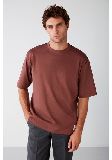 Joel Erkek %100 Organik Pamuklu Kalın Kumaşlı Özel Dokulu Etiket Detaylı Oversize Bordo T-shirt