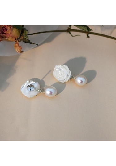 Novahub Doğal Tatlı Su İncisi, Kabuk Çiçek Küpe, 925 Ayar Gümüş, El Yapımı Kadın Küpe Hediye Beyaz