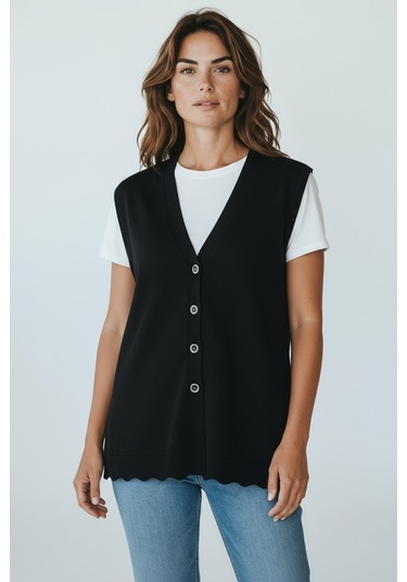 Kadın Önü Düğmeli Cepli Kalın Kışlık Kısa Yelek Mersa5 Siyah