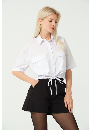 S'amore Clothing Bağcık Detay Crop Gömlek Beyaz Beyaz