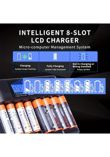 Xuweiwei Powerkan 8 Yuvalı Aa Aaa Pil Şarj Cihazı Tümü8 1.2v Ni-mh Ni-cd 350mahx8 1.5v Li-ion 200mahx8 Usb-c Kablo Dahil