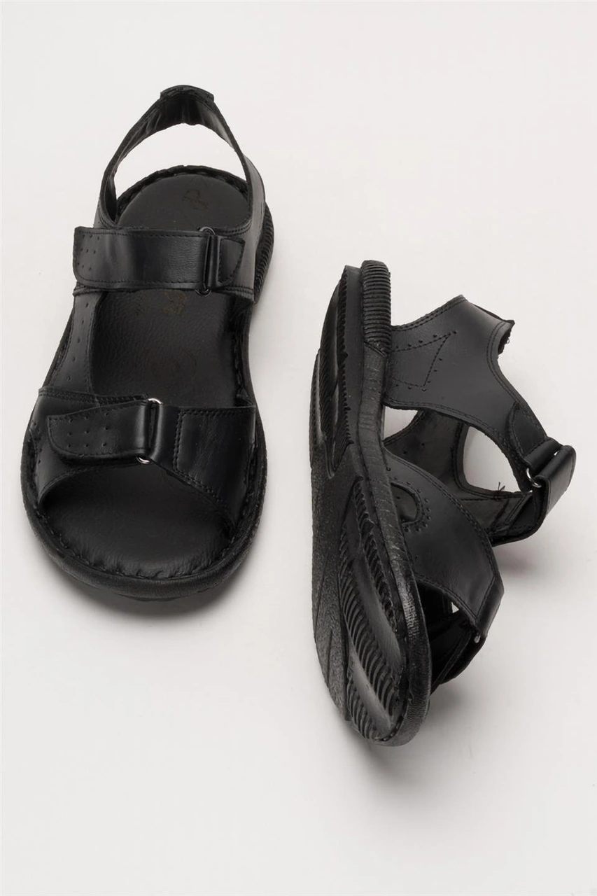 Erkek İçi Dışı Hakiki Deri Ortopetik Yazlık Esnek Ve Çok Hafif Günlük Ayakkabı Sandalet Siyah Siyah